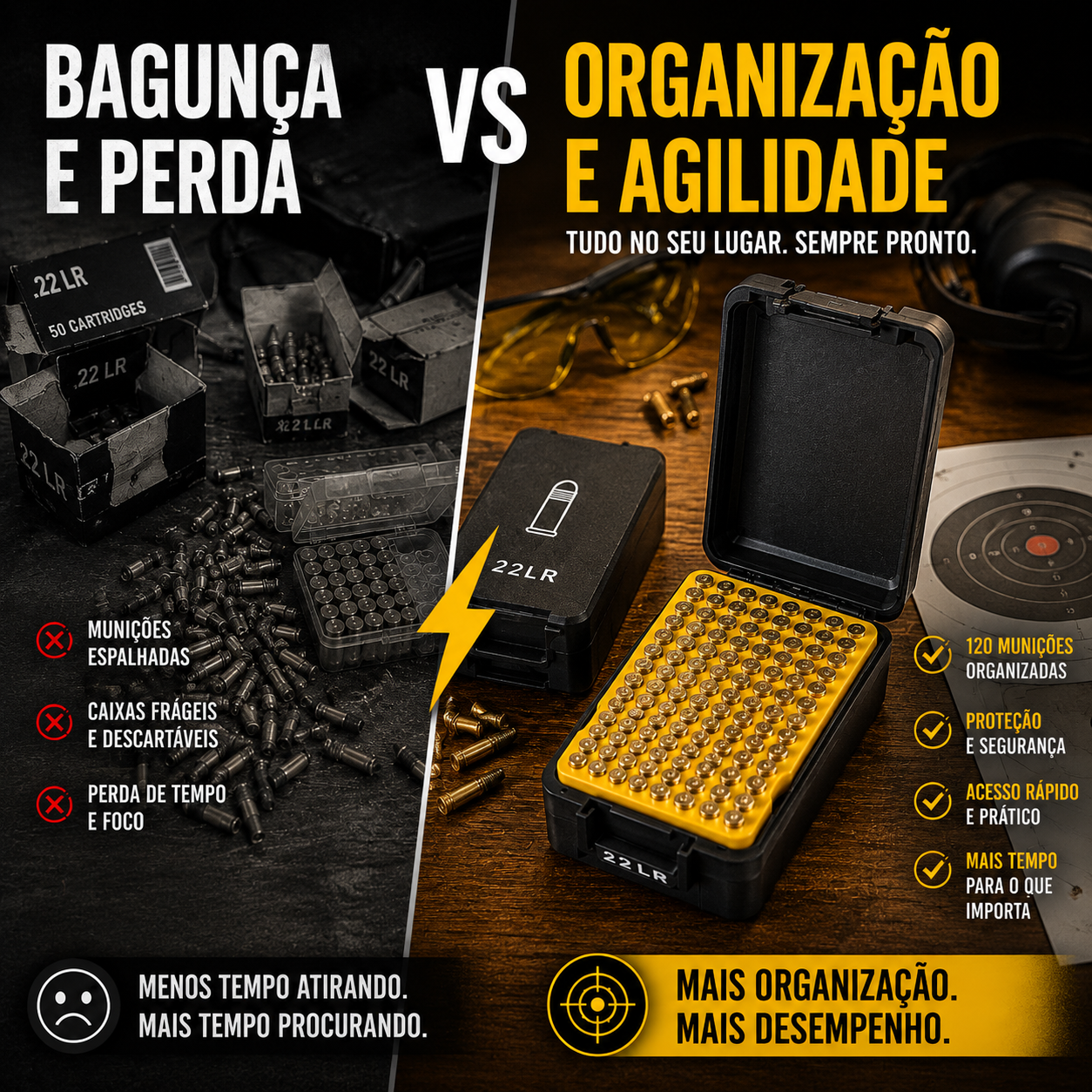 Comparativo de munições desorganizadas versus estojo Ammo Box organizado